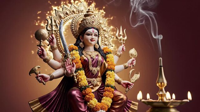 Durga Puja celebration background with glowing mandala halo and bronze symbolic weapons on maroon to amber gradient