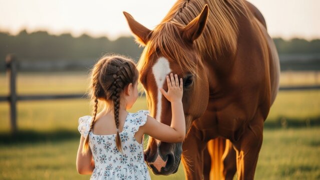 A tender moment as a little girl affectionately touches a majestic horse's face at sunset. - Powered by Adobe