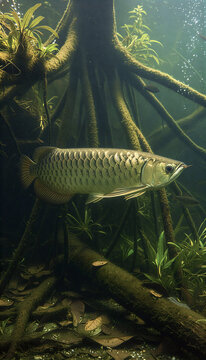 Asian arowana swimming underwater in natural freshwater river habitat