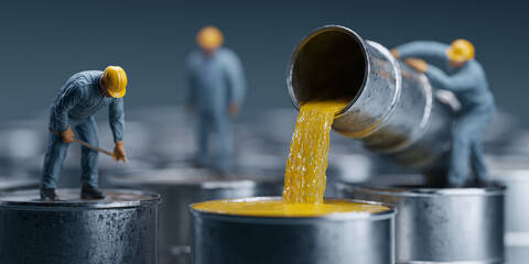 Miniature worker figures meticulously pouring a substance into metal containers. This scene represents industry, with meticulous attention to detail