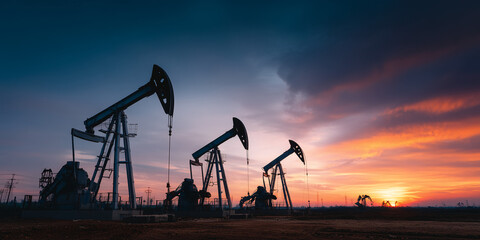 Oil extraction machines at sunset, creating a mesmerizing silhouette