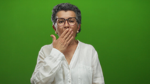 Woman with grey hair covers mouth in surprise against a vibrant green background wearing glasses and a white shirt, displaying emotions that convey shock or realization vividly.