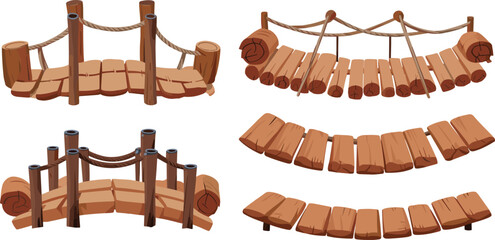 Cartoon wooden rope bridge set illustration, fantasy game assets with planks, logs and supports, flat vector isolated on white background © MstMuktarinaAkter
