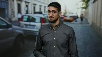 Man standing on an urban street looking thoughtful with cars in the background.