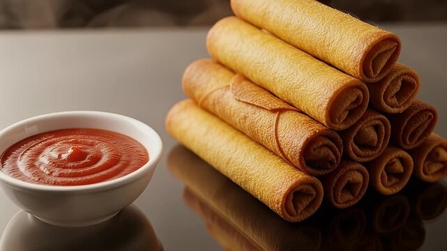 Crispy Spring Rolls Stacked Next to a Bowl of Ketchup Sauce.