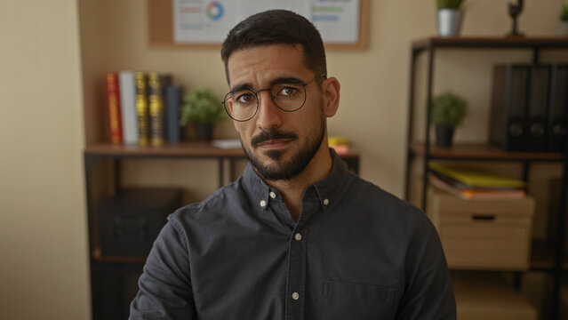 Young hispanic man in an office gestures no with finger against a background of shelves and books