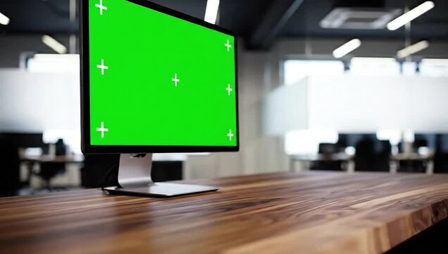 Modern computer monitor with green screen on wooden desk in office.
