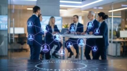 Diverse business professionals engage in discussions and work in a modern open-plan office, digitally overlaid with a glowing social network diagram.