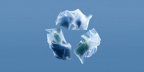 Fototapeta premium Recycling Symbol created from plastic bags on a blue background. The scene suggests a commitment to environmental protection. 