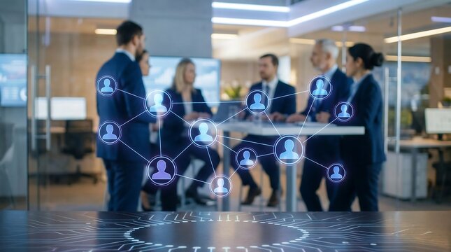 Diverse business professionals engage in discussions and work in a modern open-plan office, digitally overlaid with a glowing social network diagram. - Powered by Adobe