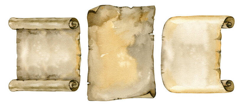 A high-quality watercolor set of antique paper elements, unrolled scrolls worn parchment sheets. Features realistic aged textures, sepia stains, tattered edges, and vintage brown tones.