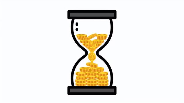 Financial freedom concept: Hourglass icon flipping with gold coins trickling down instead of sand, representing time is money and wealth accumulation