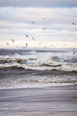Fototapeta premium Stormy sea with strong waves crashing under a dramatic cloudy sky. A red navigation beacon stands in the distance while seabirds fly above the rough water. Windy coastal landscape