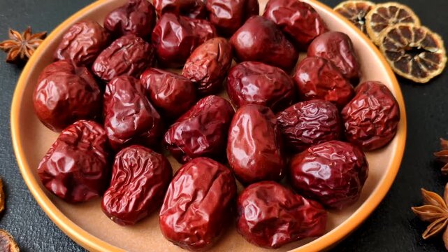 Red dried dates, the Chinese sweet fruit jujube, as a healthy food. Red dates, jujube as a food background for your design