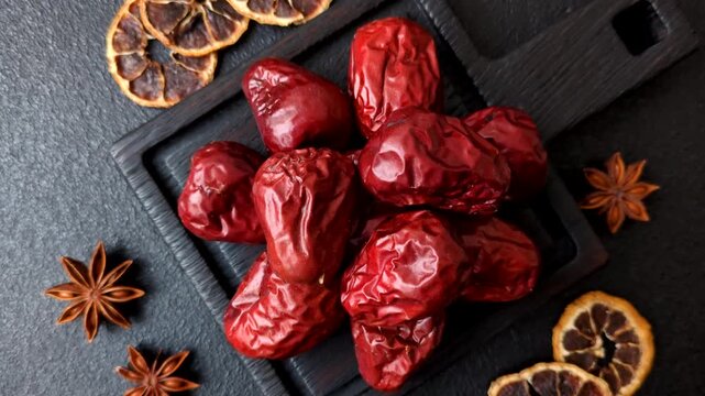 Red dried dates, the Chinese sweet fruit jujube, as a healthy food. Red dates, jujube as a food background for your design