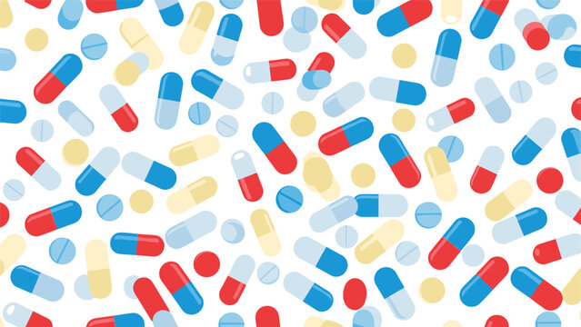 Seamless pattern background of various colorful pills, capsules, and tablets scattered randomly for a medical or pharmacy theme.