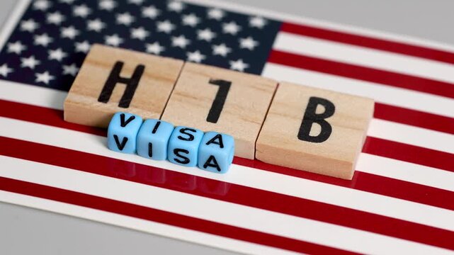 H1B text on wooden blocks against USA flag concept of Foreign Skilled Worker USA visa.
