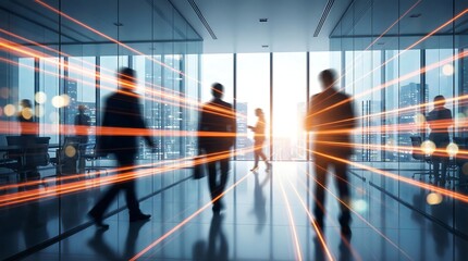Silhouetted business professionals are actively walking through a brightly lit modern office corridor, intersected by dynamic, glowing light trails representing data flow and connectivity.