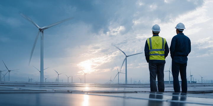 Two Engineers observe the wind turbines on the cloudy day
