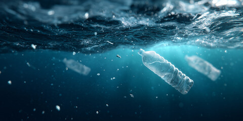 Fototapeta premium Plastic bottles floating in the ocean, illustrating the pollution and environmental concerns