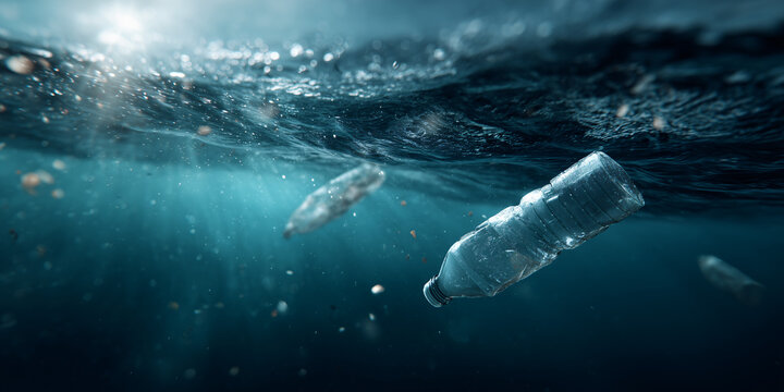 Underwater view of plastic bottles floating, a visual representation of ocean pollution. The scene captures the devastating impact of discarded plastic on marine environments