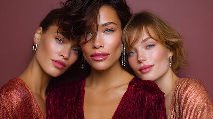 Three Beautiful Fashion Models with Glamorous Makeup and Shiny Jewelry