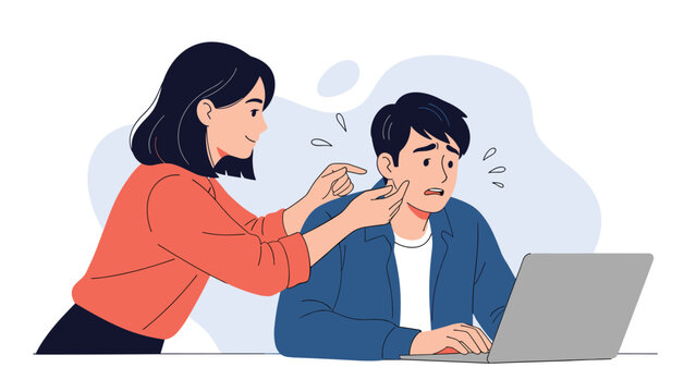A woman affectionately pinching the cheeks of a nervous and sweating man who is trying to concentrate on his laptop work.
