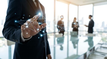 A professional businessman in a suit stands in a modern office, holding his hand to interact with a glowing digital network, symbolizing global connections and technology.