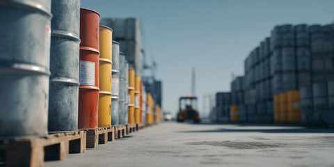 Industrial area with several colorful barrels and concrete bricks piled up in a large area