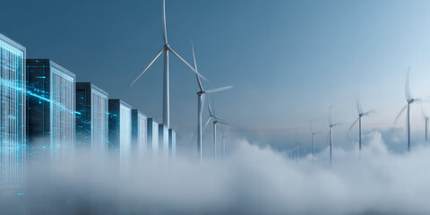 Wind turbines generating clean energy with data servers in a modern setting