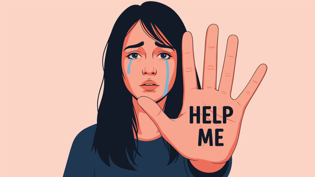 A crying and desperate young woman holds up her hand with the words 'Help Me' written on it, seeking assistance.