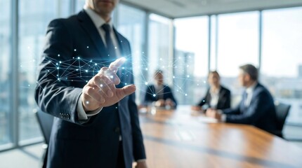A professional businessman in a suit gestures towards an intricate, glowing digital network, with a blurred business meeting visible in the background.