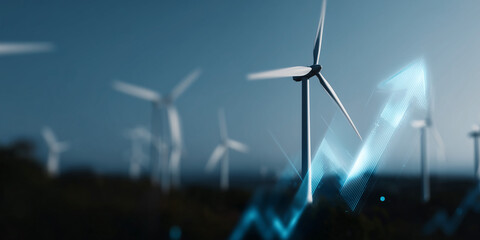 Wind turbines and a rising arrow, representing the growth of green energy