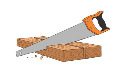Handsaw cutting through wooden timber planks illustration