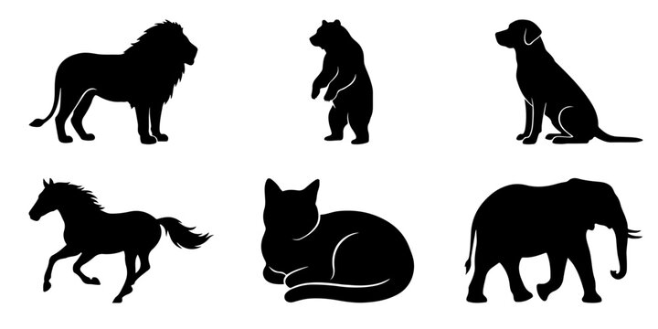 Wild and domestic animals silhouette set, black icons of lion, bear, dog, horse, cat and elephant isolated on transparent background