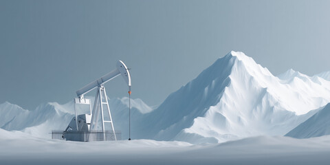 An oil pump stands in a snow-covered mountainous region, symbolizing industry's presence in a natural environment.