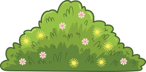 Obraz premium Green garden bush illustration with small flowers, cartoon shrub plant design, nature landscape element, decorative foliage vector isolated on white background