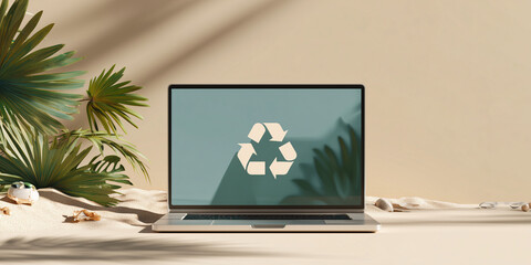 Laptop featuring a recycling symbol on the screen, surrounded by sand and plants, with shadows playing on the scene. A visually appealing representation of environmental consciousness