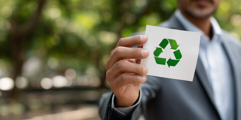 Eco-conscious individual holding up a recycle symbol, promoting sustainability