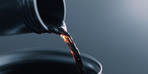 A close-up shot of dark liquid being poured from a container, showcasing its rich color and flow
