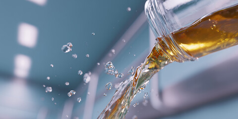 Close up shot of golden liquid being poured from glass bottle creating a splash