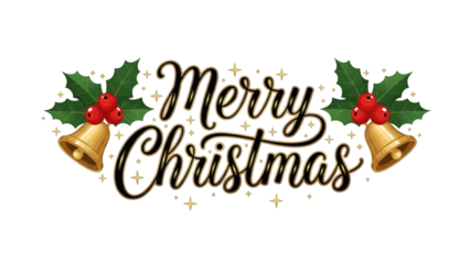 Merry christmas, holly leaves, christmas bells, gold lettering, festive decoration, holiday season, cursive text, winter foliage
