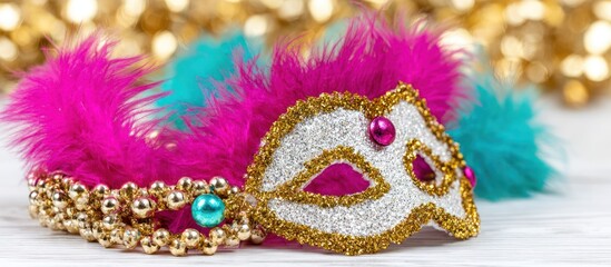 A decorative mask with feathers and beads is displayed on a light wooden surface, creating a festive and celebratory atmosphere with a blurred golden background
