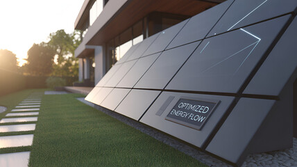 A modern house with solar panels on the roof at sunset