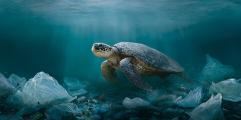 A sea turtle swims in a polluted ocean. The image captures the impact of pollution in the sea, highlighting the plight of marine life and the urgent need for environmental conservation