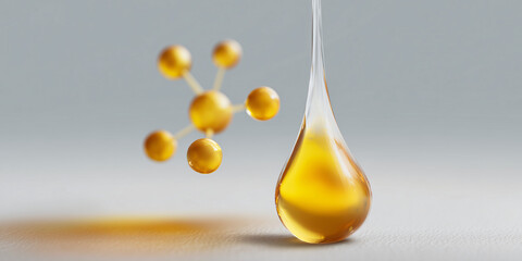 A close-up view of a dripping oil drop, along with a molecule diagram 