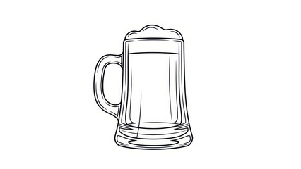 Beer mug with foam, line art illustration, isolated on white background