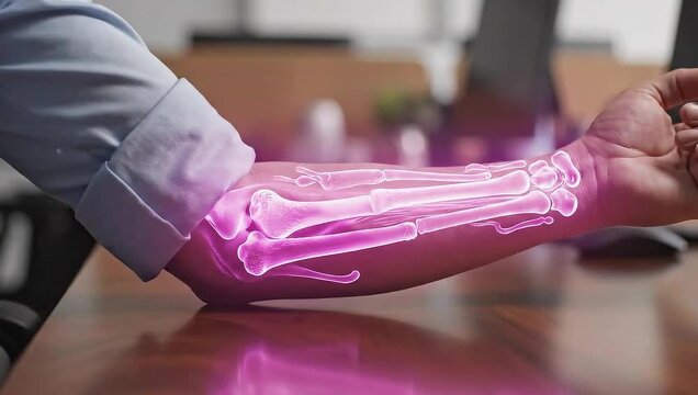 X-ray view of a human forearm with highlighted bones in pink.