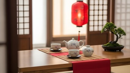 Serene Japanese tea set on wooden table with bonsai