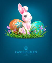 Easter card with a cute pink bunny and painted eggs.